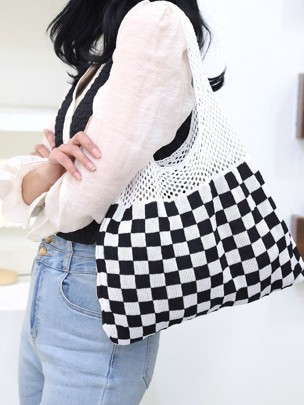 Futurecen - Checkered Pattern Crochet Bag  - Women Tote Bags