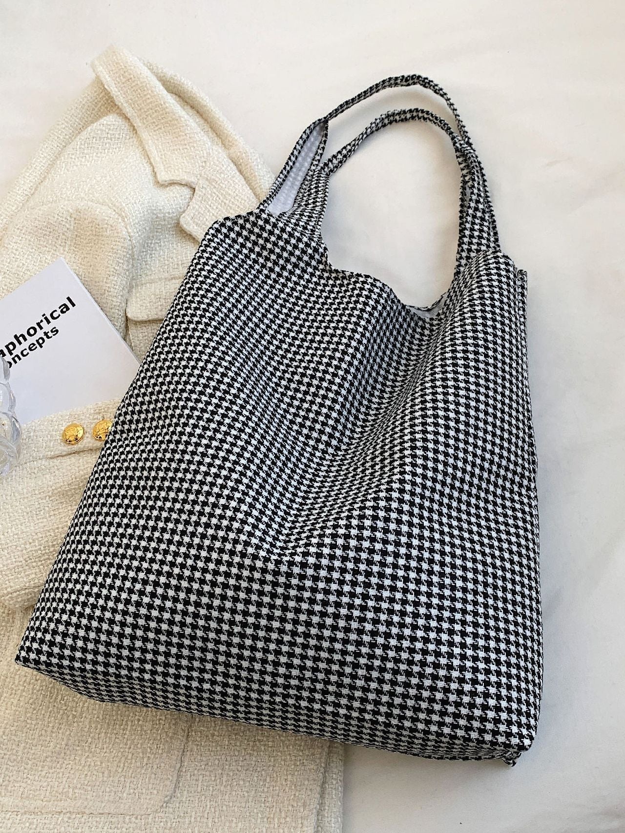 Futurecen - Houndstooth Pattern Large Capacity Shoulder Tote Bag  - Women Tote Bags