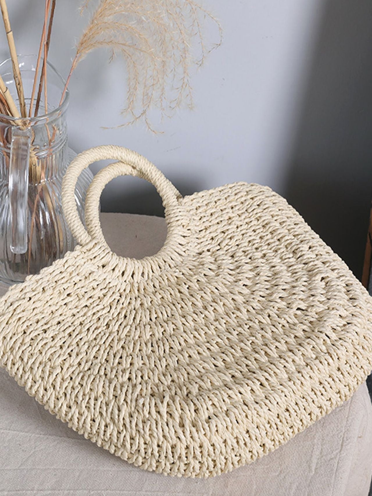 Futurecen - Ring Handle Design Straw Bag  - Women Tote Bags