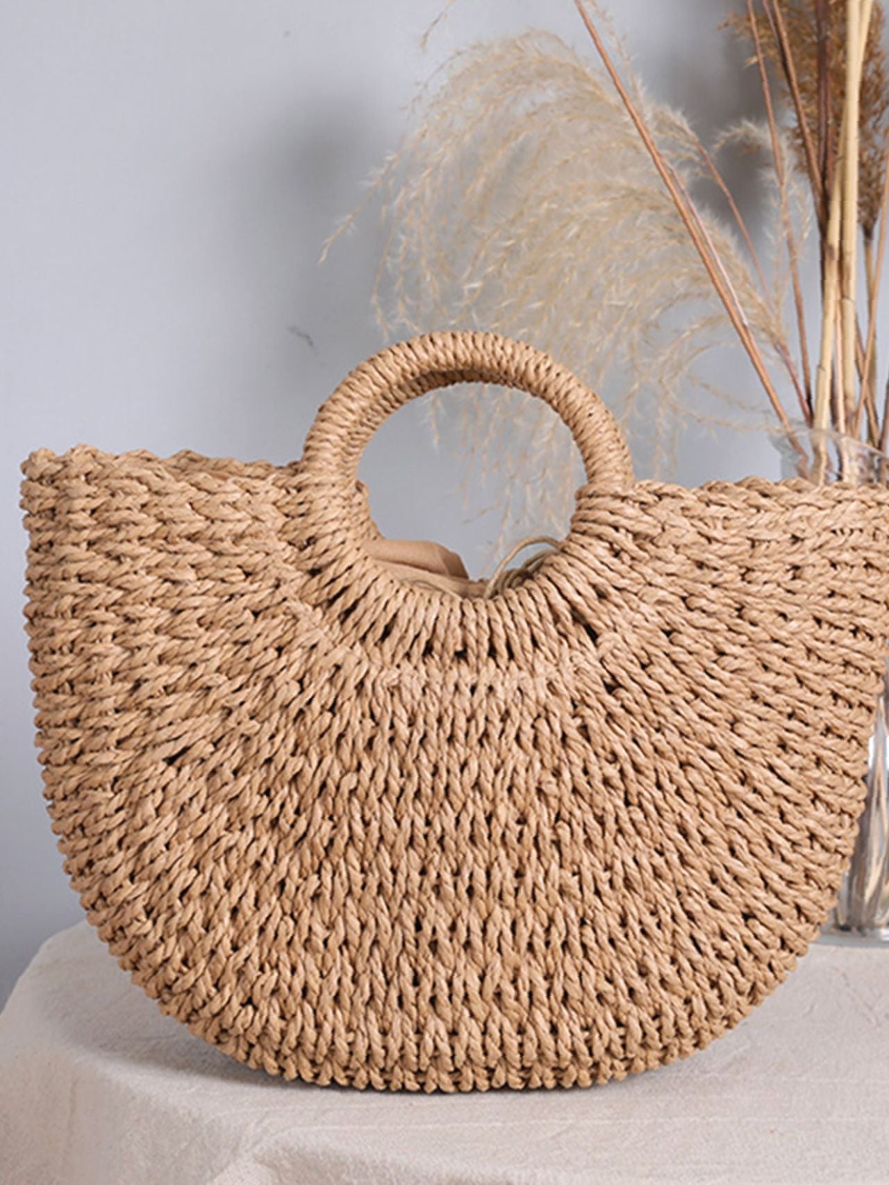 Futurecen - Ring Handle Design Straw Bag  - Women Tote Bags