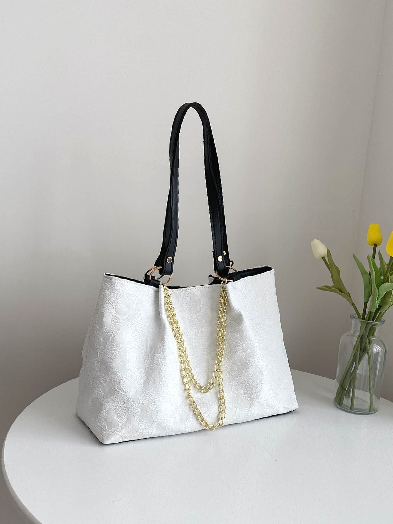 Futurecen - Floral Pattern Chain Shoulder Tote Bag  - Women Tote Bags