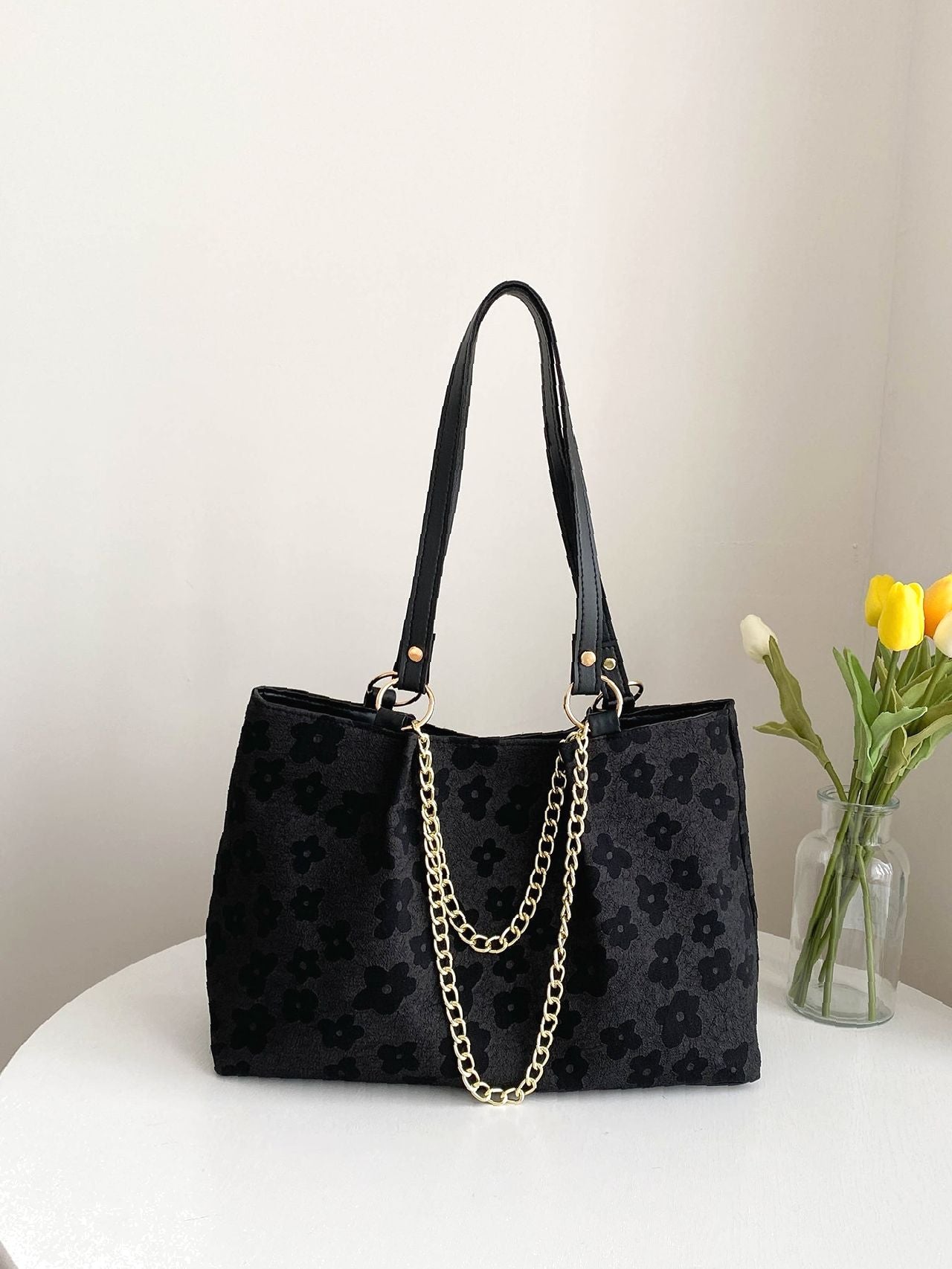 Futurecen - Floral Pattern Chain Shoulder Tote Bag  - Women Tote Bags