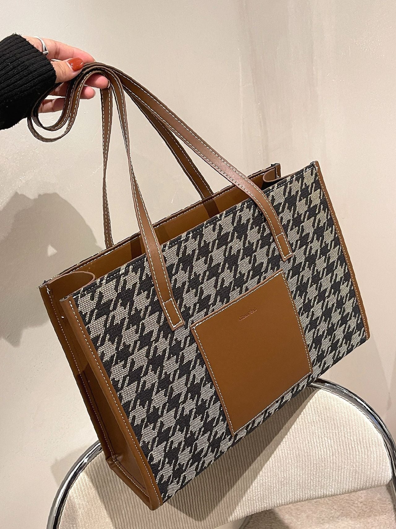 Futurecen - Houndstooth Pattern Shoulder Tote Bag  - Women Tote Bags