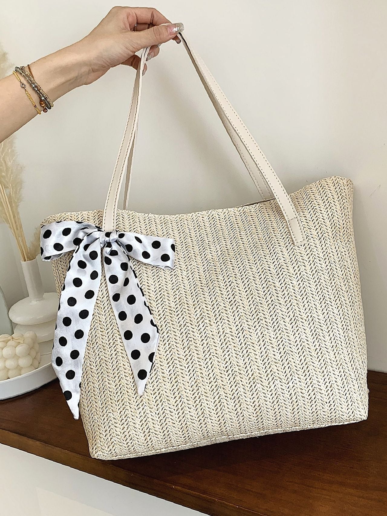 Futurecen - Polka Dot Bow Decor Straw Bag  - Women Tote Bags