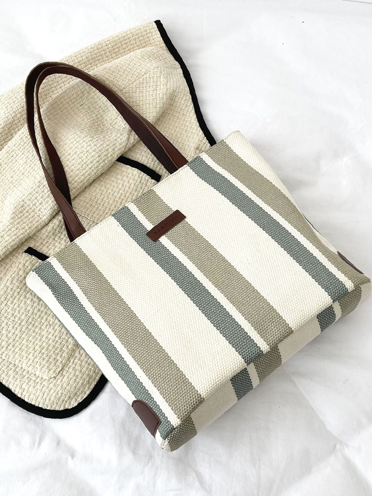 Futurecen - Striped Pattern Letter Patch Shoulder Tote Bag  - Women Tote Bags