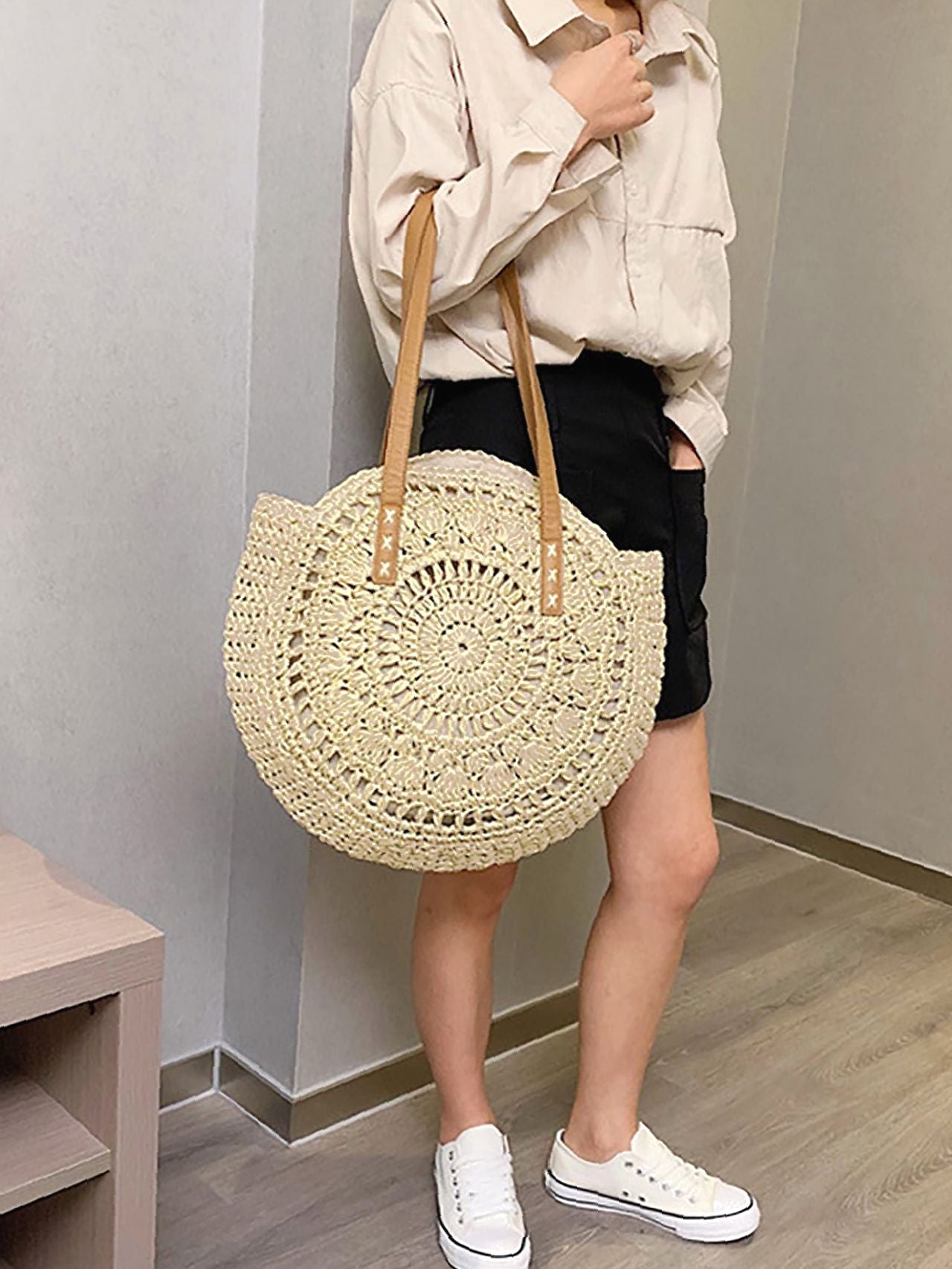 Futurecen - Hollow Out Circle Straw Bag  - Women Tote Bags