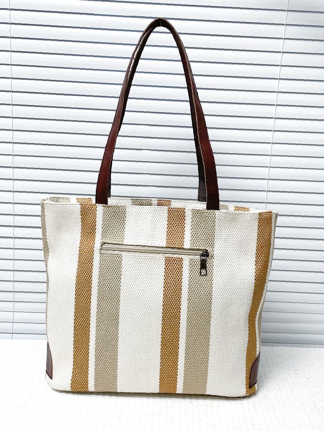 Futurecen - Striped Pattern Letter Patch Shoulder Tote Bag  - Women Tote Bags