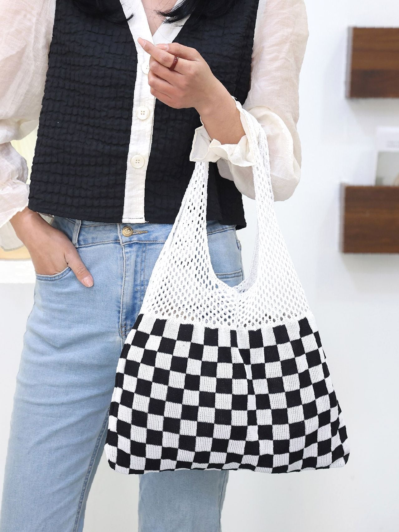 Futurecen - Checkered Pattern Crochet Bag  - Women Tote Bags