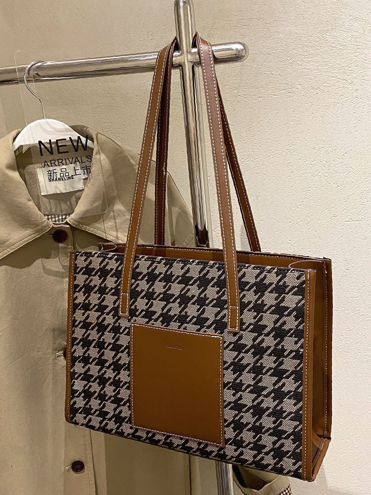 Futurecen - Houndstooth Pattern Shoulder Tote Bag  - Women Tote Bags