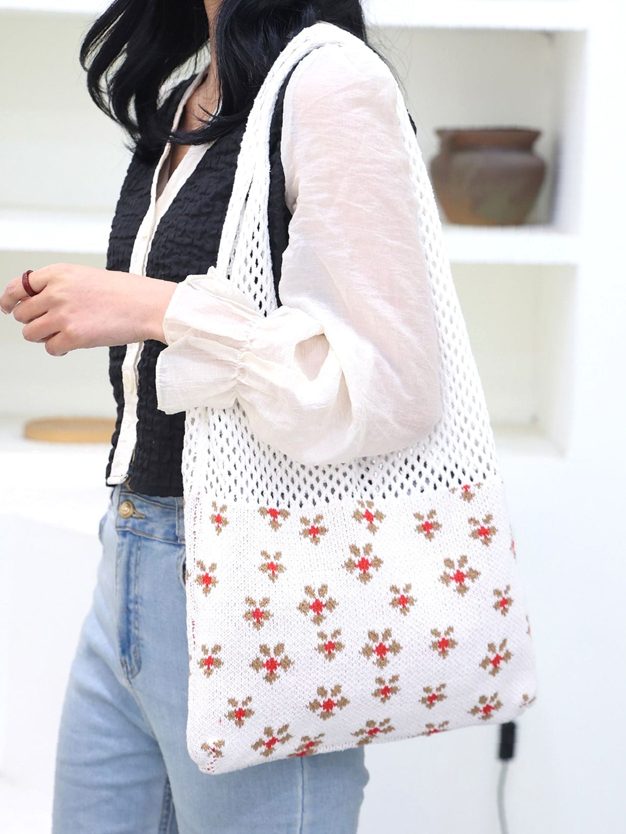 Futurecen - Floral Pattern Crochet Bag  - Women Tote Bags