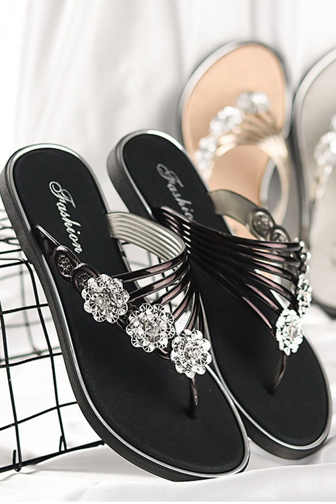 Flower Rhinestone Flip Flop Flat Sandals