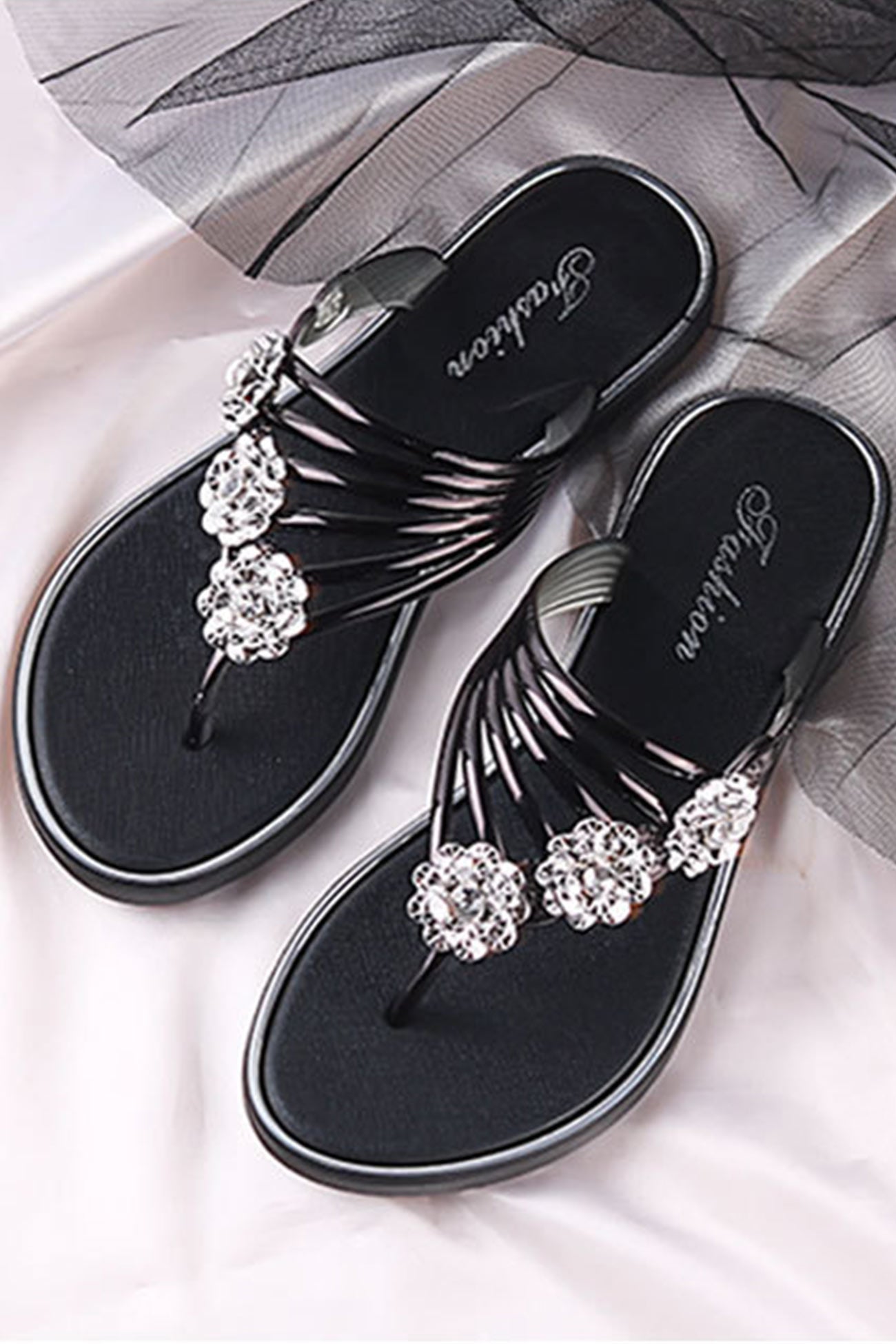 Flower Rhinestone Flip Flop Flat Sandals