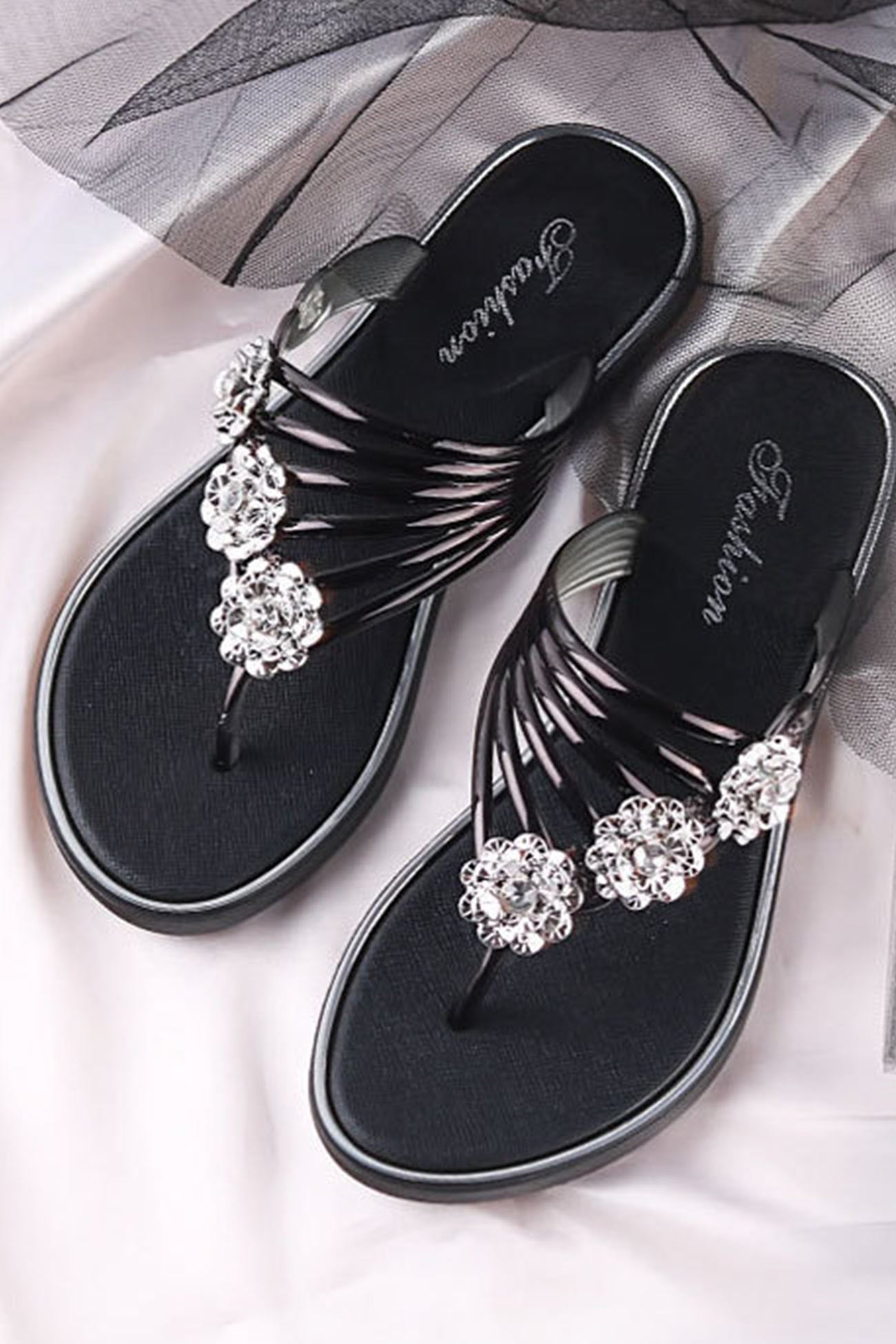 Flower Rhinestone Flip Flop Flat Sandals