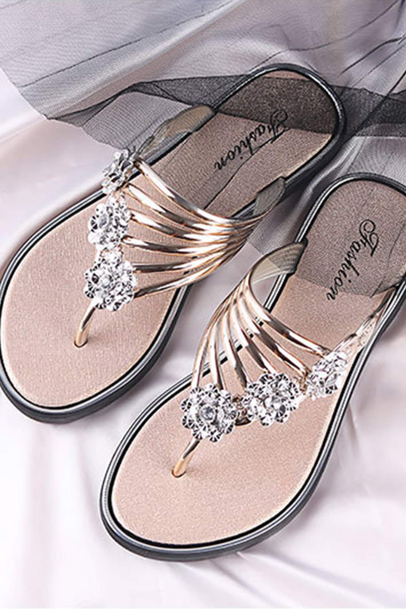 Flower Rhinestone Flip Flop Flat Sandals