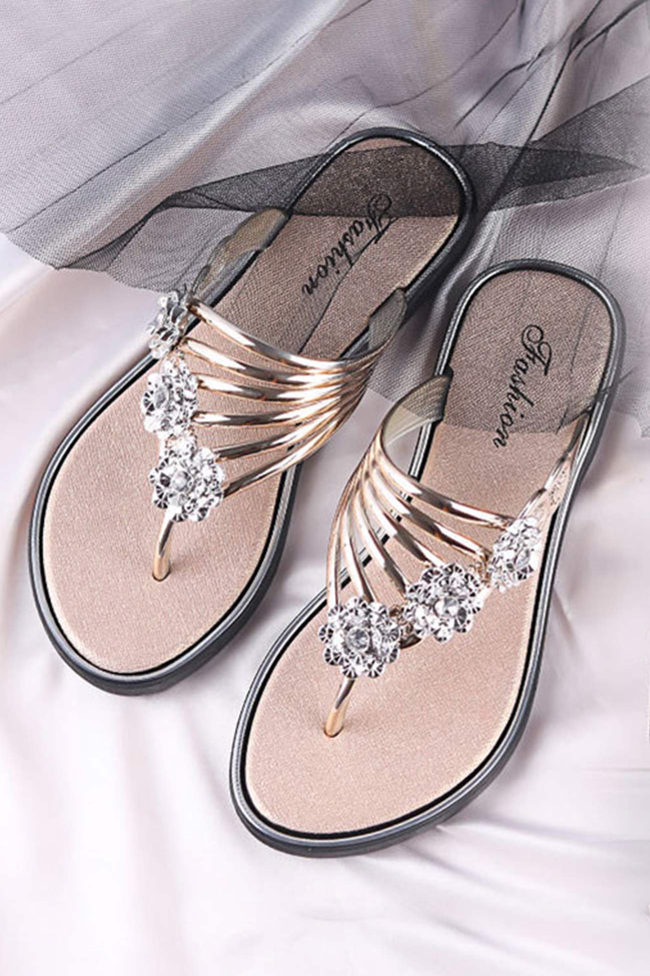 Flower Rhinestone Flip Flop Flat Sandals