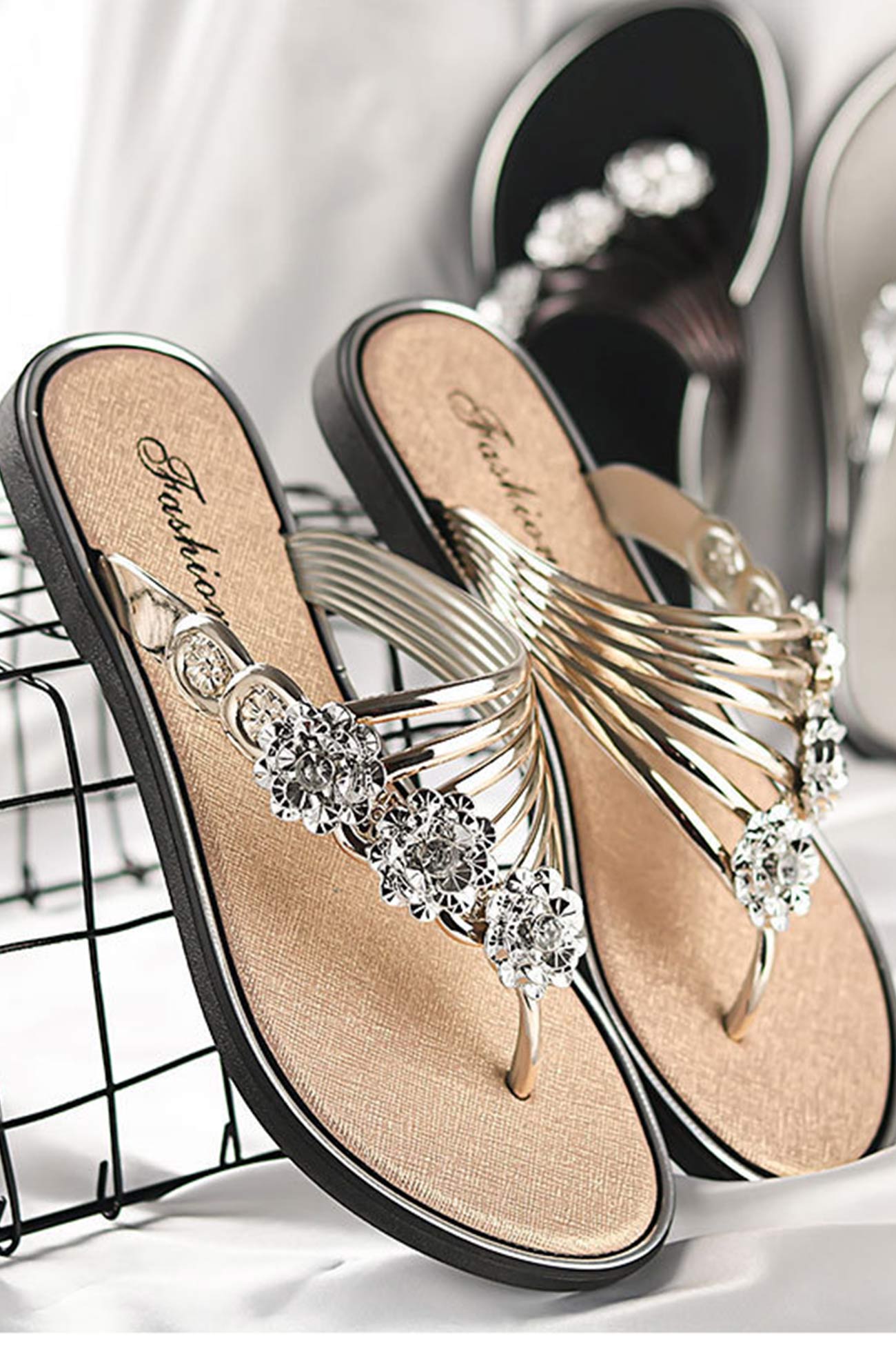 Flower Rhinestone Flip Flop Flat Sandals