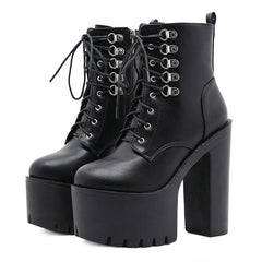 Futurecen   Ultra High Heels Women Motorcycle Boots Gothic Style Sexy Rivet Black Soft Leather Platform Chunky Heel Punk Knight Boots