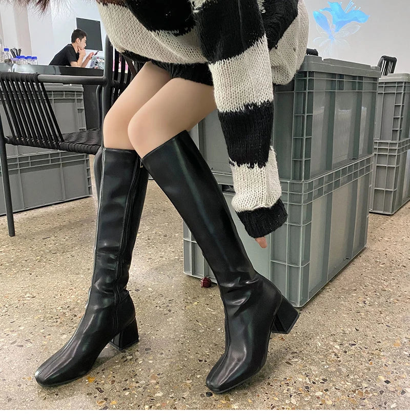 Futurecen Women Warm Long Boots Woman Knee High Booties Ladies Shoes Platform Thick Heel PU Leather Soft Zipper Woman Fashion Winter