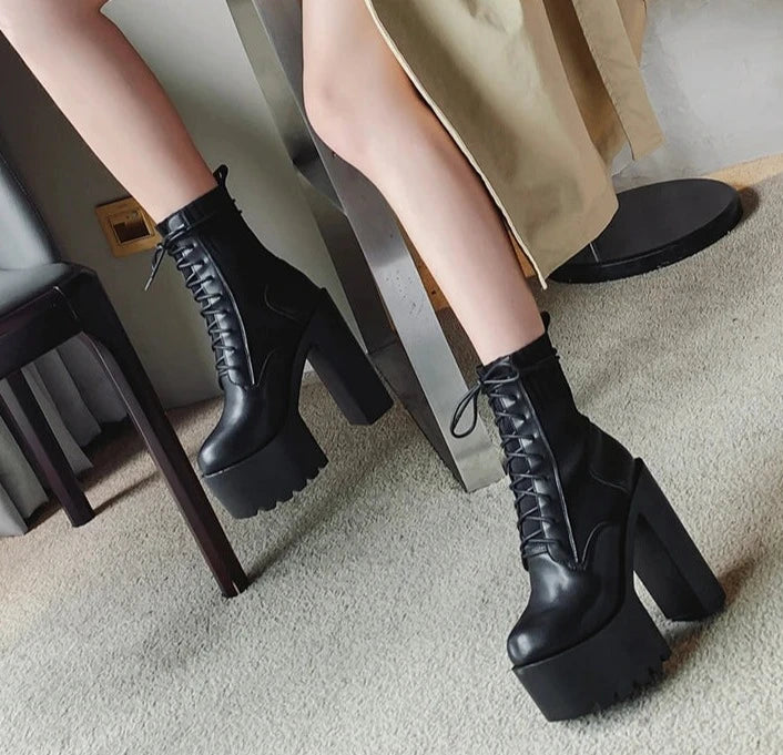 Futurecen   New Fetish Platform Boots Woman Sexy Chunky Heel Front Lace Up Sock Boots Women Ankle Boots Thick Heel Shoe Black Design