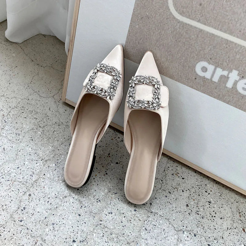 Futurecen Slipper Outer Wear Female Spring Summer Pointed Shallow Mouth Man-made Diamond Buckle Flat Muller Lazy