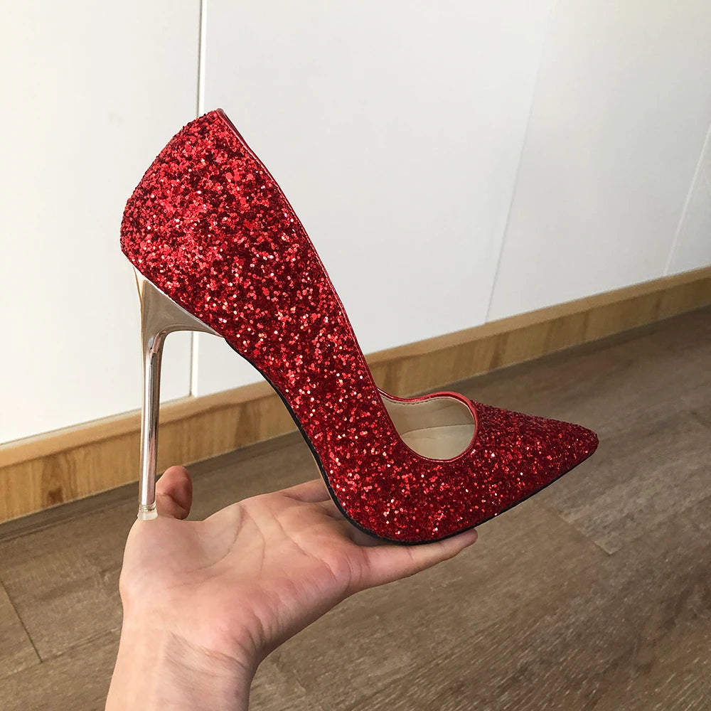 Futurecen Glitter Red Sequins Women 11cm High Heel Stiletto Pumps Pointed Toe Slip On Ladies Party Dress Shoes Plus Size 35-46