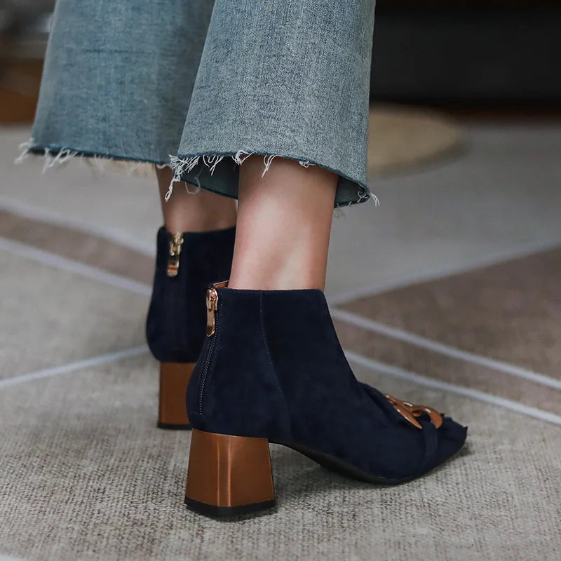 Autumn Ladies Sheep Suede Fringe Ankle Boots Zip Chunky High Heel Square Toe Chain Tassel Boots Fashion Women Modern Boots