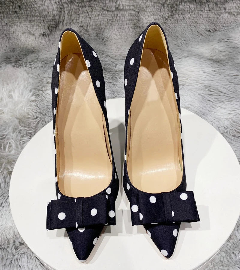 Futurecen Polka Dot Women Silk Satin Pointed Toe Stiletto High Heels Bow Knot Elegant Ladies Party Shoes 8cm 10cm 12cm Pumps Black