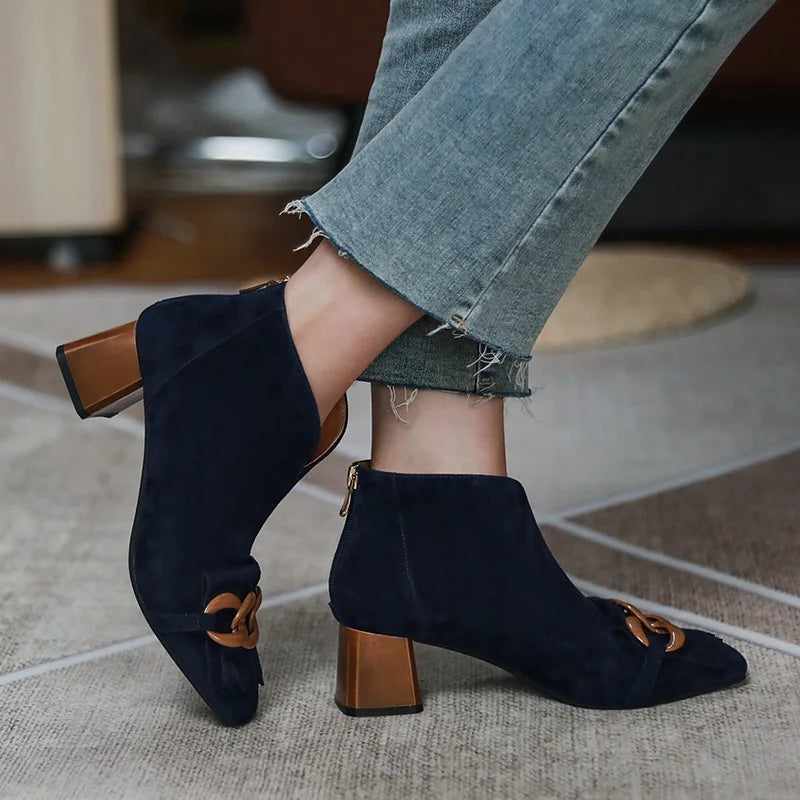 Autumn Ladies Sheep Suede Fringe Ankle Boots Zip Chunky High Heel Square Toe Chain Tassel Boots Fashion Women Modern Boots