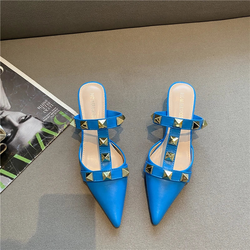 Futurecen  New Rivet Pointed Thin Heel Baotou Half Slipper Female Middle Heel Shallow Mouth Lazy Mueller Shoes