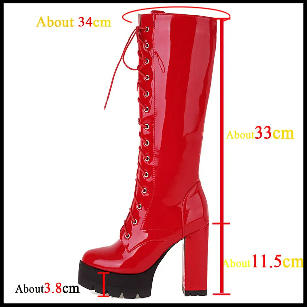 Futurecen  Female Motorcycle Boots Platform Chunky Heel Knee High Med Calf Boots 2023 New Arrivals Platform Chunky Heel Lace Up Red Black