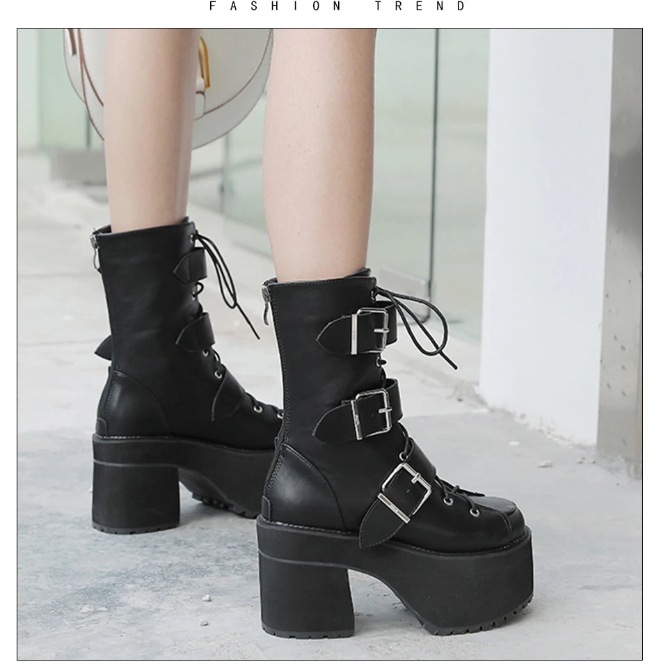 Futurecen  High Quality Japanese Harajuku Gothic Cosplay Boots Women Thick Platform Ankle Buckle Strap Lace Up Calf Boots Back Zip