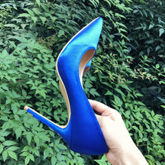 Futurecen Royal Blue Women Silk Satin Stilettos High Heels Elegant Ladies Fashion Pointed Toe Slip-on Pumps Party Dress Shoes