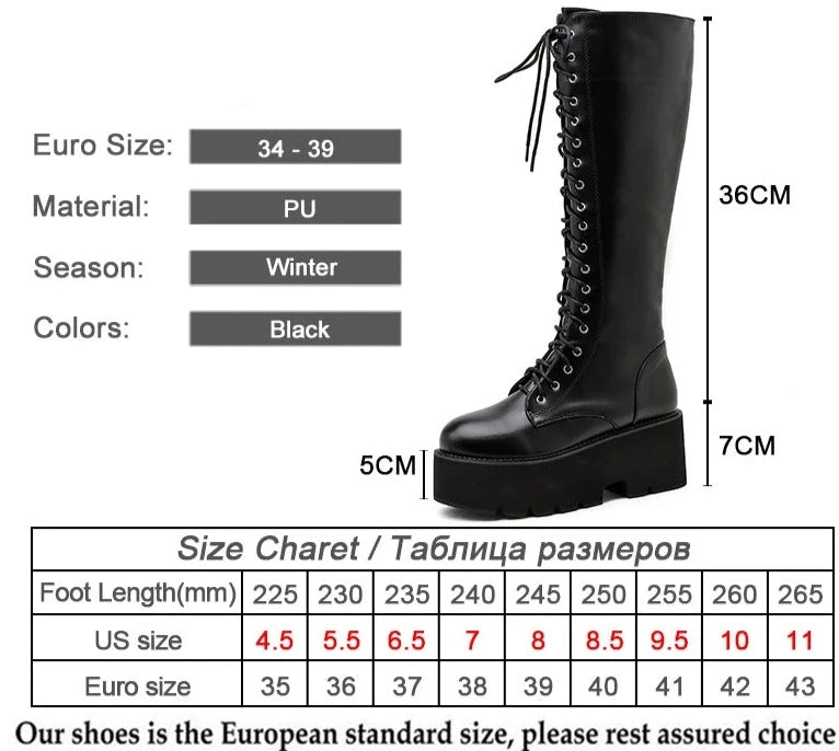 Futurecen   Chunky Platform Heels Pu Leather Knee High Boots Women Retro Punk Long Boots Woman Lace Up Booties  New Fall