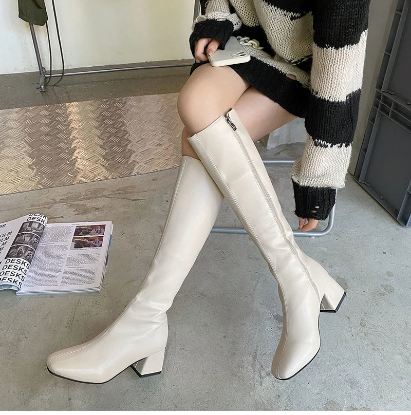 Futurecen Women Warm Long Boots Woman Knee High Booties Ladies Shoes Platform Thick Heel PU Leather Soft Zipper Woman Fashion Winter