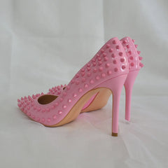 Futurecen Light Pink Women Rivets Pointy Toe High Heels Sexy Ladies Slip On Stilettos Pumps Chic Spikes Heeled  Party Shoes