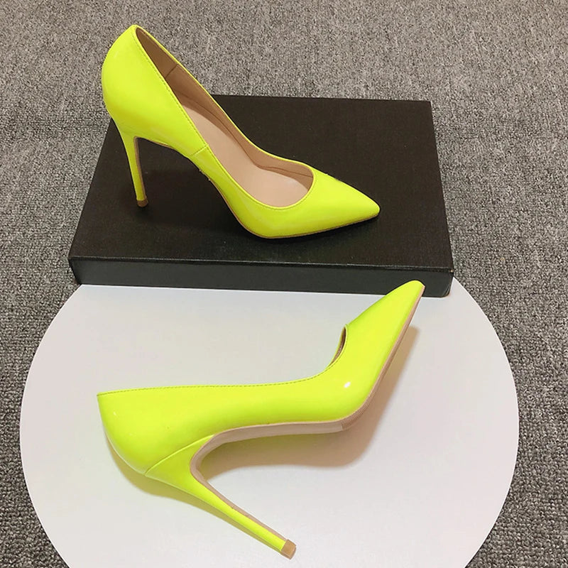 Futurecen Solid Yellow Green Patent Women Pointed Toe Stiletto Pumps Ladies Wedding Party High Heel Shoes Small Size 33 44  45