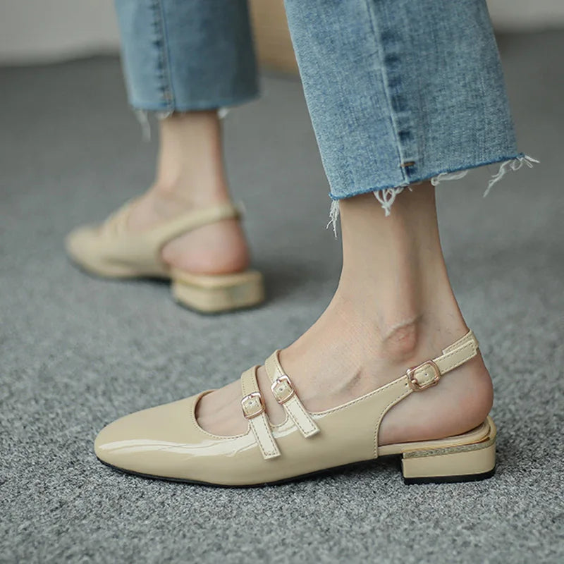 Futurecen Women Sandals Summer Shoes Woman Flats Double Buckle Mary Janes Shoes Patent Leather Dress Shoes Back Strap Zapatos