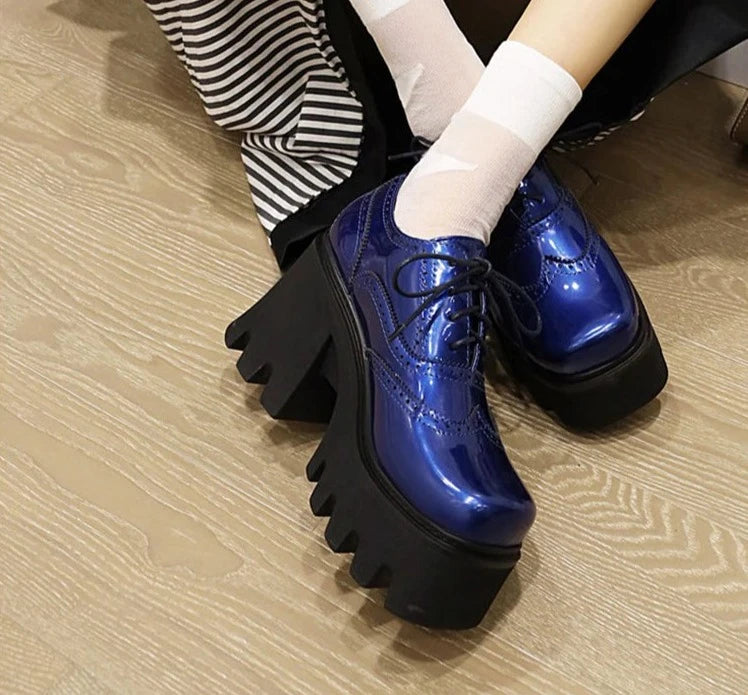 Futurecen  Spring Summer British Walker Shoes Women Patent Leather Platform Shoes High Platform Chunky Heel Pumps Big Size Wholesale