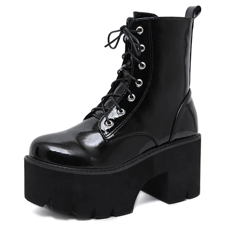 Futurecen  Woman Lace Autumn Boots Women Ladies Chunky Wedge Platform Black Patent Leather Ankle Boots Punk Goth Shoes Lace Up