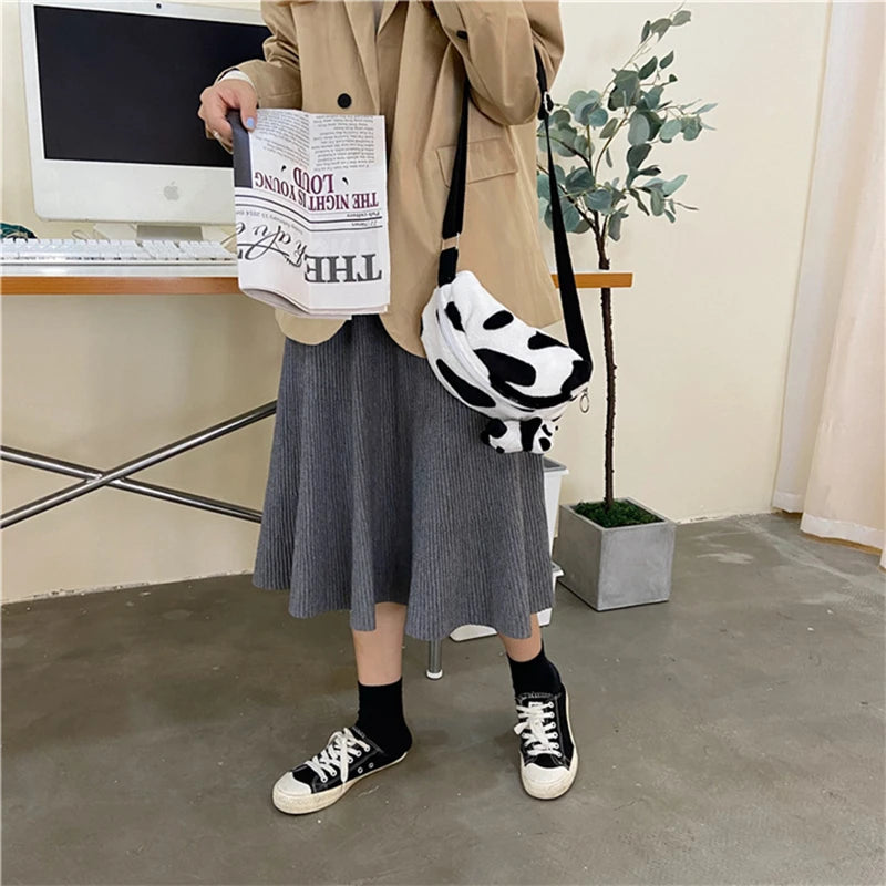 Futurecen  -  Cute Cow Winter Pattern Women Belt Bags Designer Shoulder Bag Plush Messenger Bag Fanny Pack Lady Hobos Bum Hip Bag Big Purse