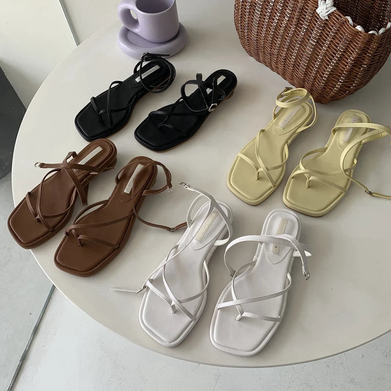 Summer Women Sandal Shoes Low Round Heel Narrow Band Gladiator Casual Sandal Ladies Casual Outdoor Beach Slides