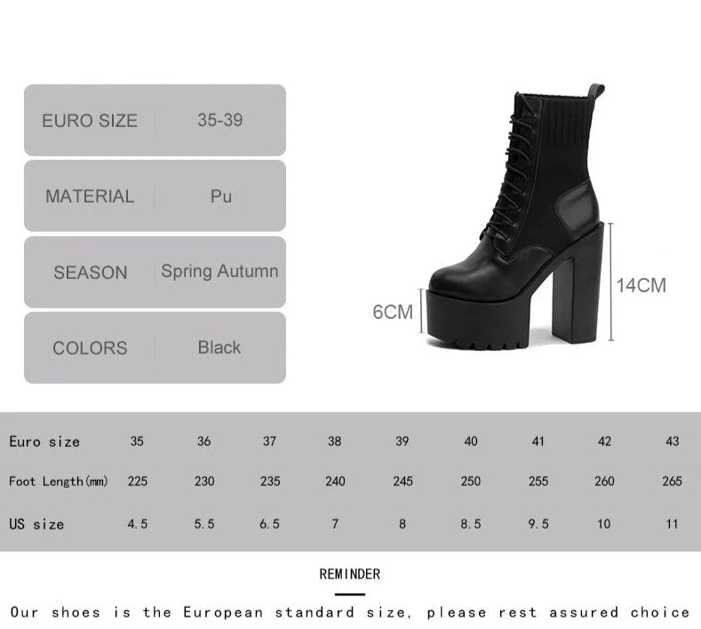 Futurecen   New Fetish Platform Boots Woman Sexy Chunky Heel Front Lace Up Sock Boots Women Ankle Boots Thick Heel Shoe Black Design