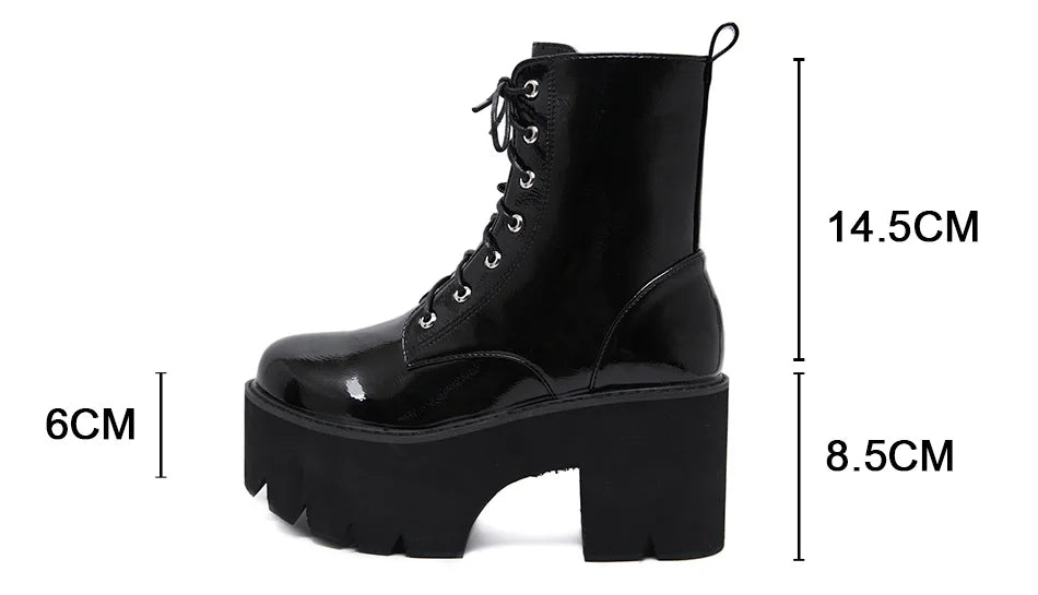 Futurecen  Woman Lace Autumn Boots Women Ladies Chunky Wedge Platform Black Patent Leather Ankle Boots Punk Goth Shoes Lace Up