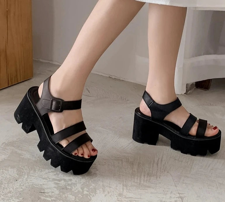 Futurecen   Black Platform Women Sandals Summer Female Shoes Woman Chunky Heel Fashion Buckle Causal Sandals Open Toe