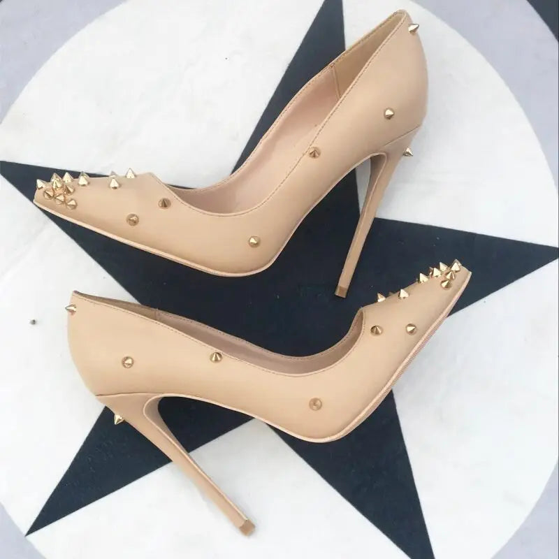 Futurecen  Nude Matte Women Fashion Sexy Spikes Pointed Toe Thin Stiletto Pumps Slip On High Heel Party Shoes Plus Size 10 11 12