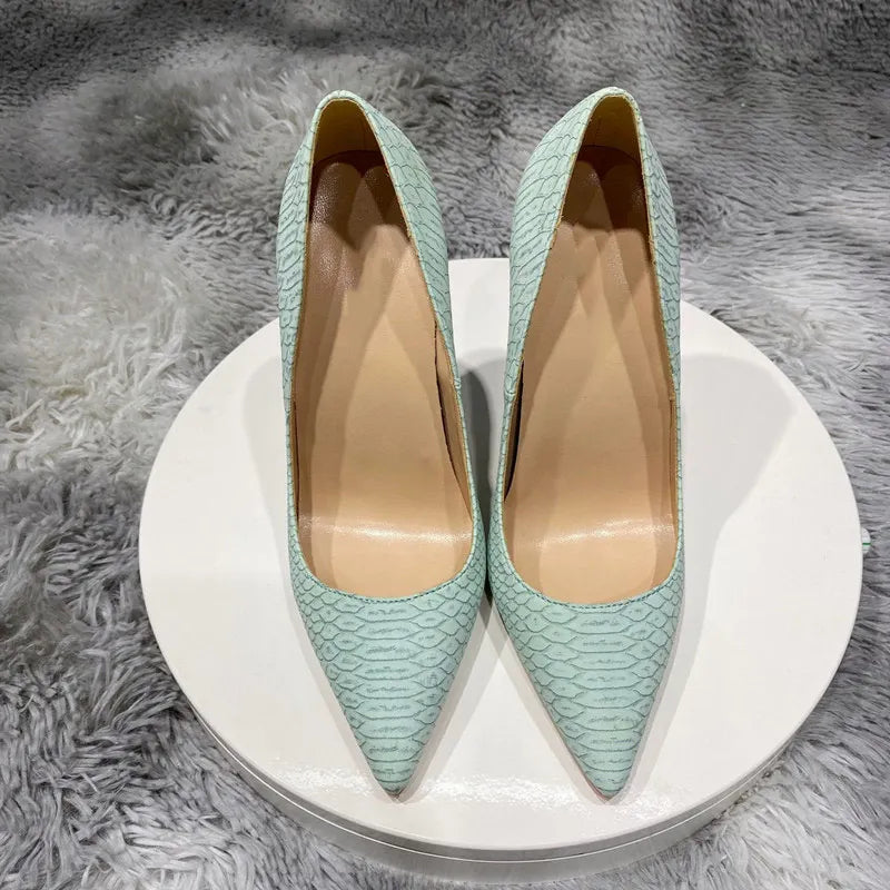 Futurecen  Snake Pattern Women Mint Green Sexy Pointed Toe Stiletto Pumps Chic Ladies Party Dress Shoes 8cm 10cm 12cm Customize