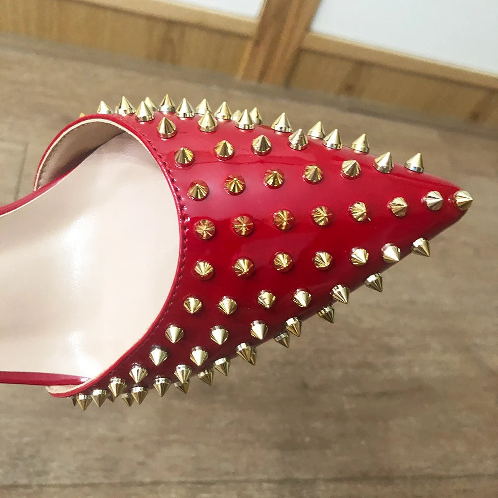 Futurecen Summer Women Red Pointed Toe High Heel Slingbacks Shoes with Spikes Ankle Buckles Sexy Stiletto Pumps for Party 8-12cm