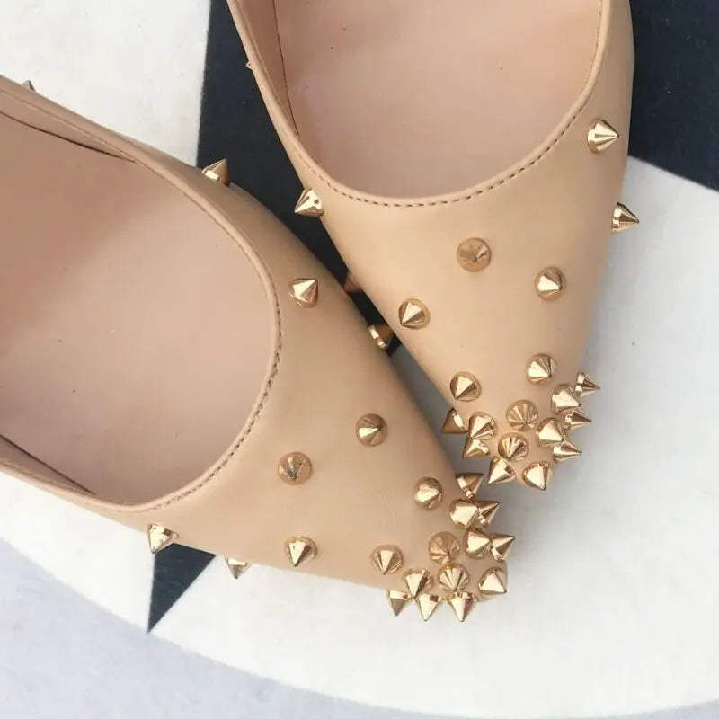 Futurecen  Nude Matte Women Fashion Sexy Spikes Pointed Toe Thin Stiletto Pumps Slip On High Heel Party Shoes Plus Size 10 11 12