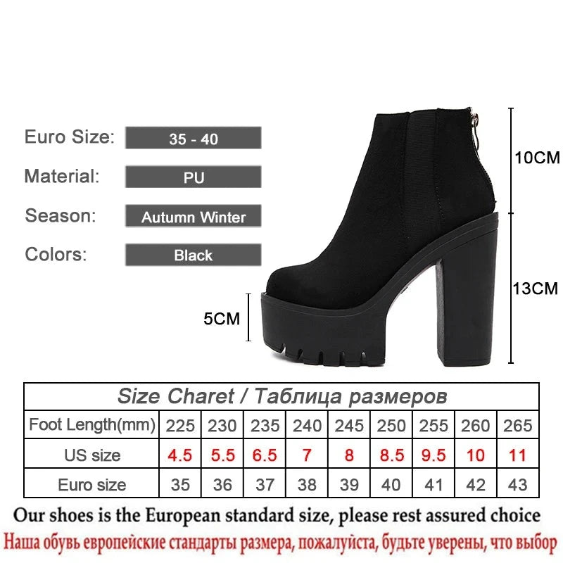 Futurecen  Fashion Black Ankle Boots For Women Thick Heels Spring Autumn Flock Platform Shoes High Heels Black Zipper Ladies Boots