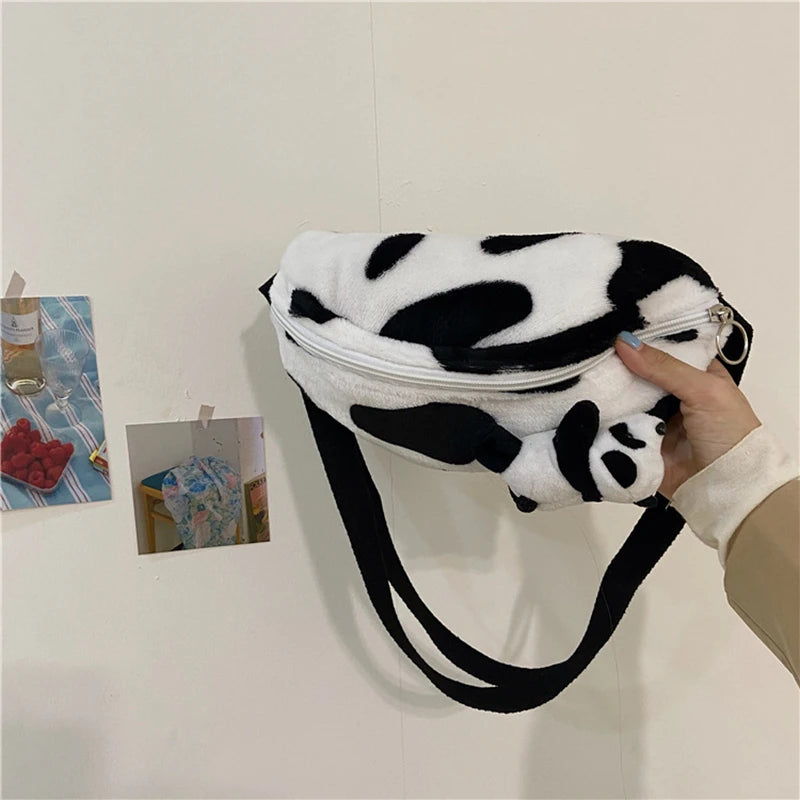 Futurecen  -  Cute Cow Winter Pattern Women Belt Bags Designer Shoulder Bag Plush Messenger Bag Fanny Pack Lady Hobos Bum Hip Bag Big Purse